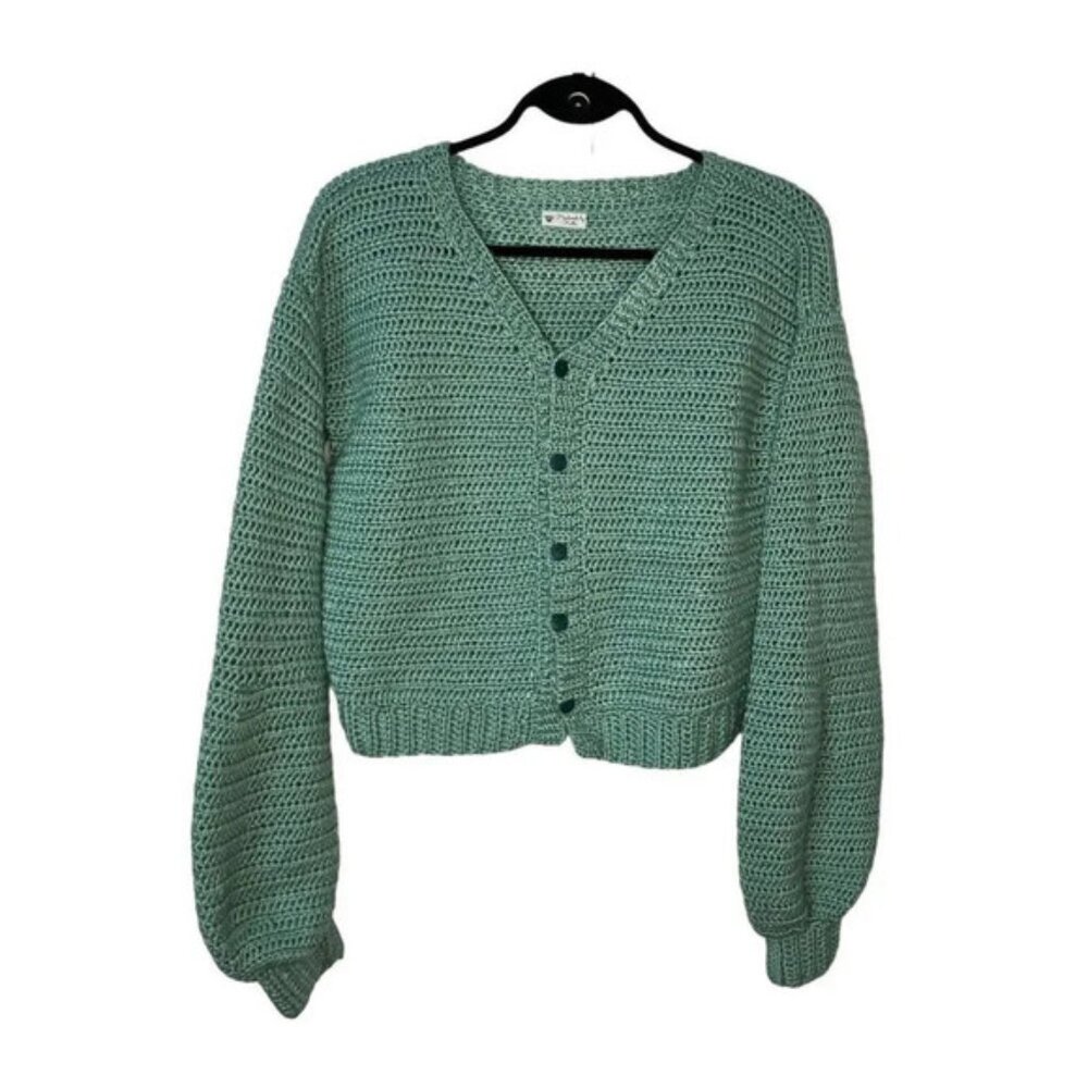 Handmade Cropped Seafoam Green Acrylic Crochet Balloon Sleeve Cardigan